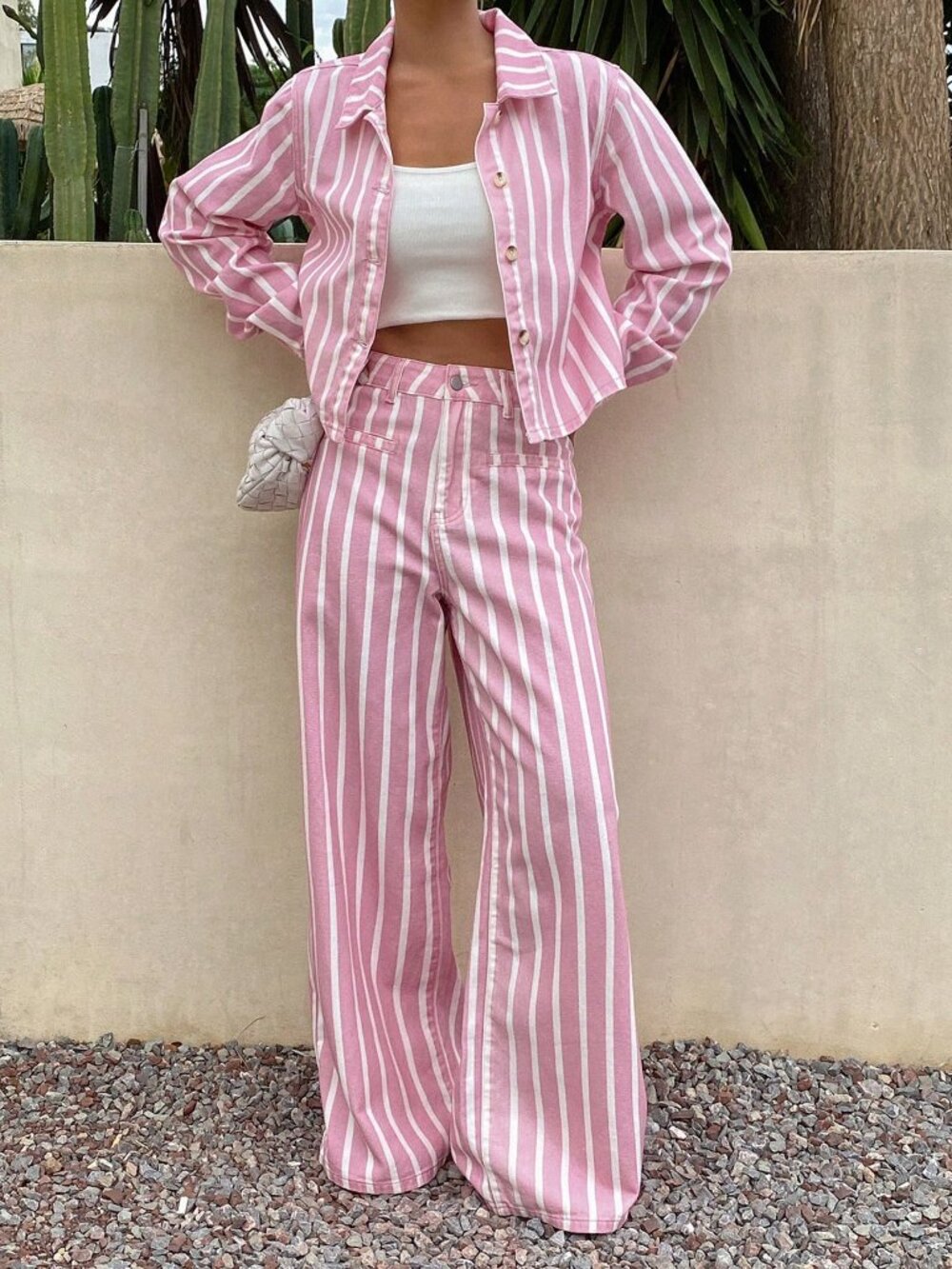 Pink Casual Women's Cotton Button-Up Blouse With Long Pants Denim Set